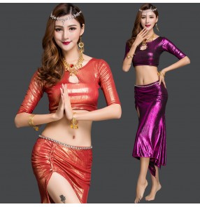 Orange wine red royal blue purple colored women's ladies female diamond chain competition performance sexy fashionable belly dance dresses costumes outfits